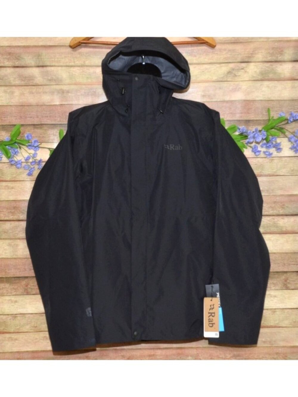 NWT RAB Jacket Mens Size XL Black Downpour Eco Waterproof Hooded Windbreaker